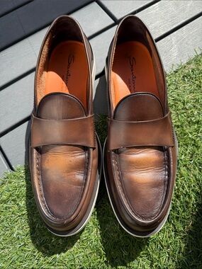 Santoni Men's Dark Brown Leather Penny Loafers with Orange Insole